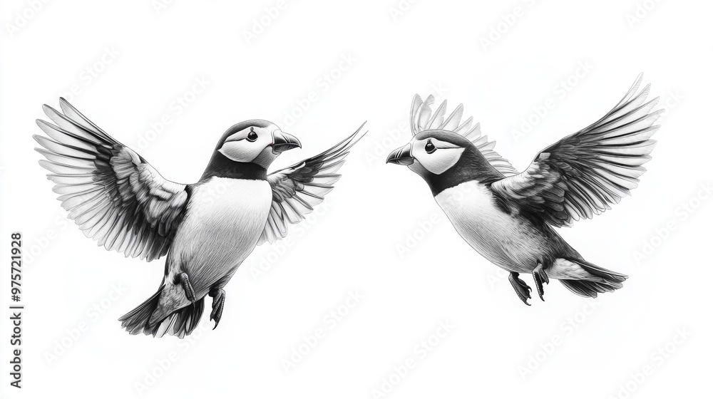 Fototapeta premium Two birds, drawn in detailed black and white, appear to be mid-flight facing each other with wings fully extended