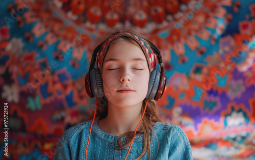 A little girl is comfortably laying on the floor while wearing headphones photo