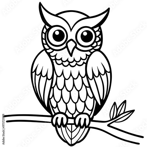 Owl perched on a branch, with intricate feather patterns and big, expressive eyes vector