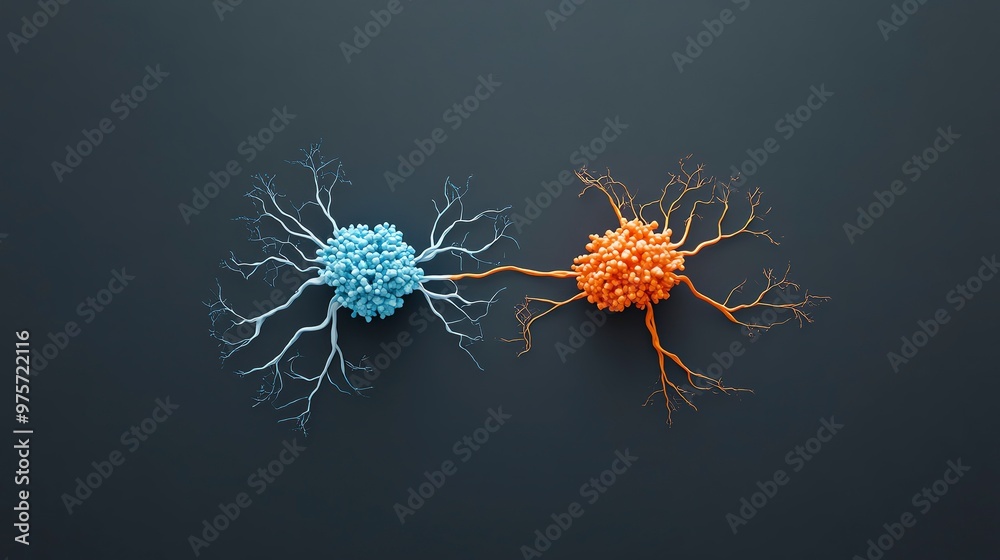 Fototapeta premium Abstract representation of two interconnected cells in vibrant blue and orange, symbolizing communication and connection in biology.