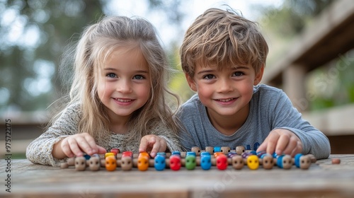 Two children, a boy and a girl, happily playing with a colorful row of toy figures on a wooden surface outside