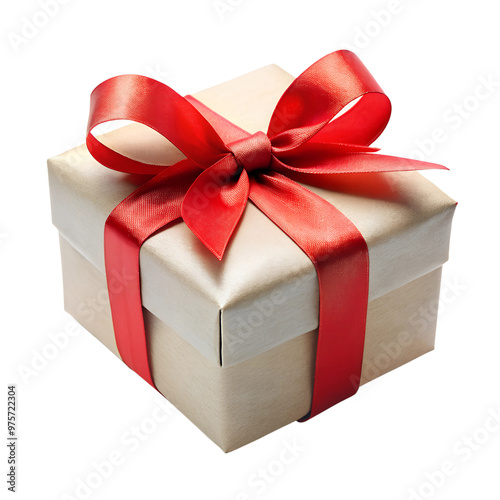 Neatly Wrapped Gift Box with Red Ribbon - Isolated on White photo