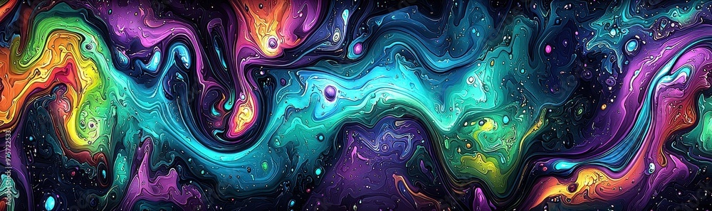 Colorful abstract wave pattern with vibrant hues of purple, blue, and green, reminiscent of cosmic and dreamlike landscapes. Colorful abstract wave pattern with vibrant hues of purple, blue, and green, reminiscent of cosmic and dreamlike landscapes.