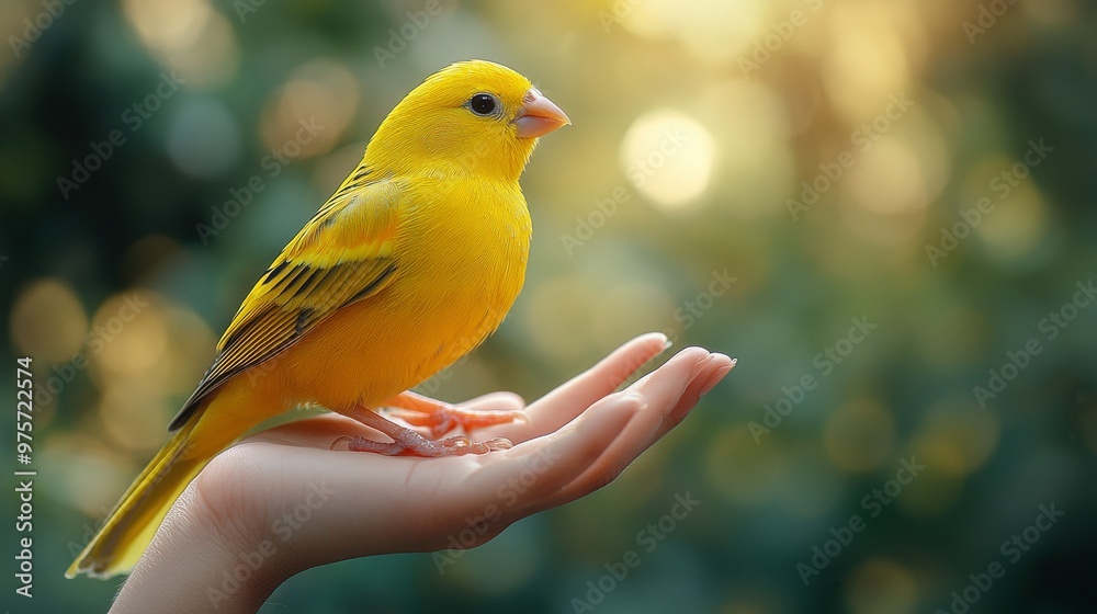Vibrant yellow bird is perched on a person's hand, with a blurred green and warm-toned background creating a serene ambiance Vibrant yellow bird is perched on a person's hand, with a blurred green and warm-toned background creating a serene ambiance