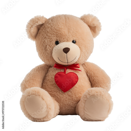 Cute Plush Teddy Bear With Red Heart On Chest Sitting Against A White Background