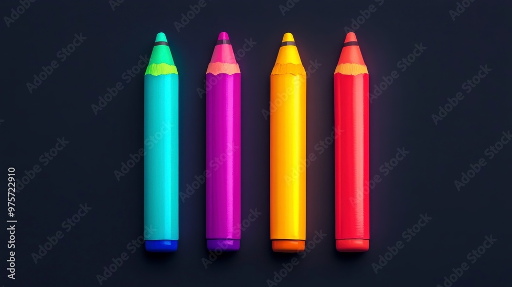 Vibrant collection of four colorful crayons arranged on a dark surface, perfect for art, creativity, and educational purposes. Vibrant collection of four colorful crayons arranged on a dark surface, perfect for art, creativity, and educational purposes.