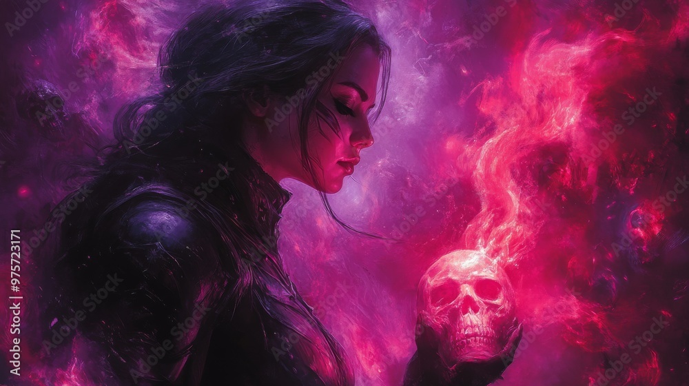 Woman holds a flaming skull amidst a swirling, mystical purple and pink background, creating an eerie, otherworldly atmosphere Woman holds a flaming skull amidst a swirling, mystical purple and pink background, creating an eerie, otherworldly atmosphere