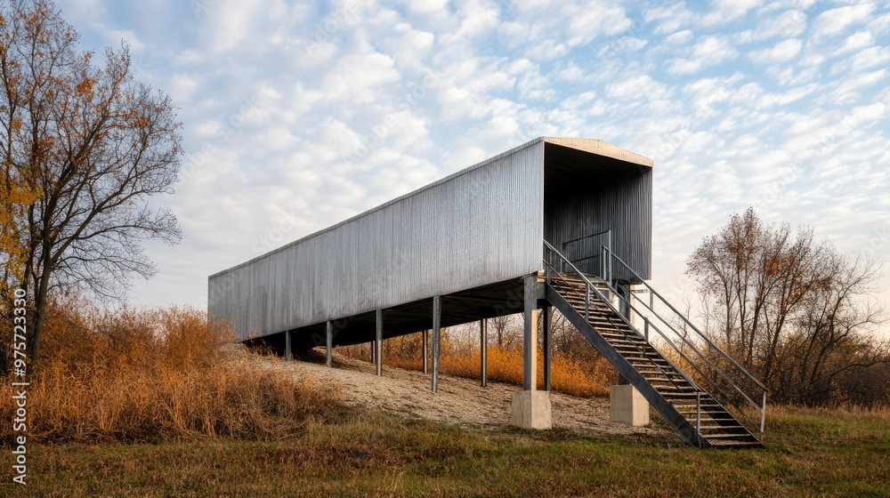 Modern metal building standing on stilts overlooking nature preserve Modern metal building standing on stilts overlooking nature preserve