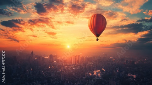 Hot Air Balloon Soaring Over a City at Sunset