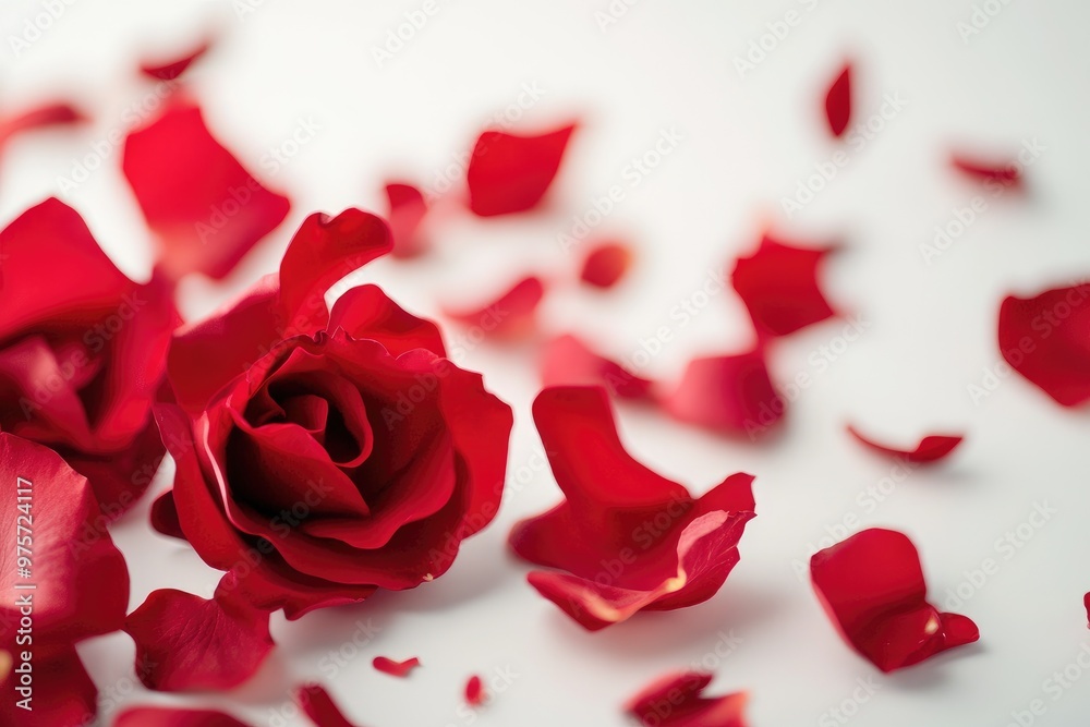Red rose petals falling on a white background Red rose petals falling on a white background