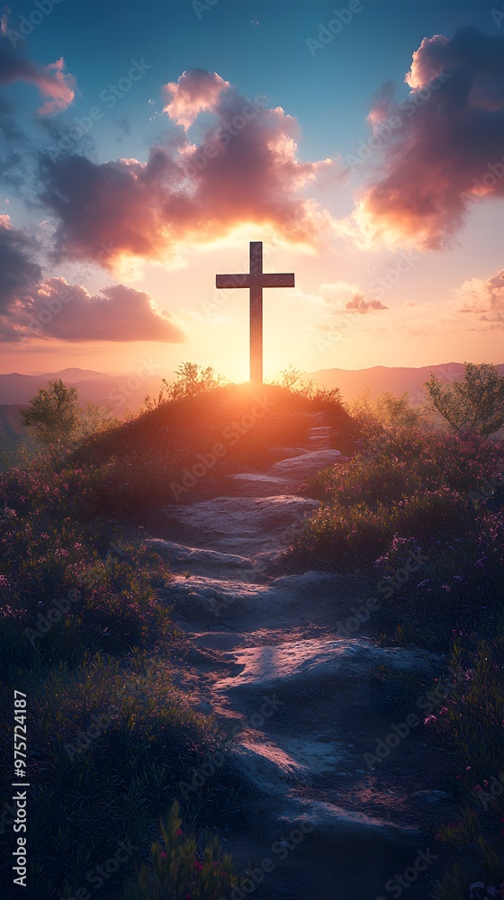 Fototapeta premium A cross atop the hill with a beautiful sunrise in the background, an Easter-themed background with copy space for text
