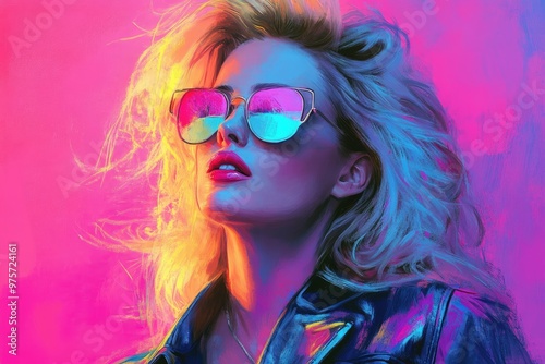 Blonde woman posing with sunglasses and leather jacket in front of colorful background