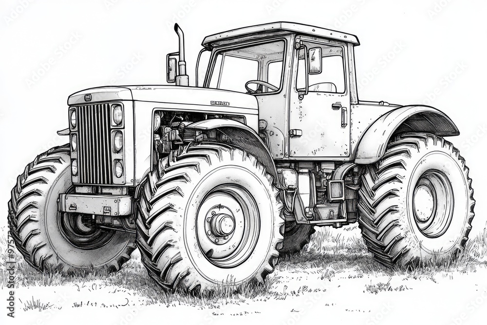 Obraz premium Powerful modern farming tractor parked in a field drawing