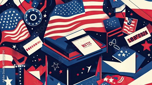 A poster for the 2024 U.S. Presidential Election, with a ballot box, the U.S. flag, and patriotic symbols of democracy. photo