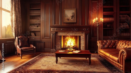 A cozy living room with a fireplace, leather furniture, and a rug.