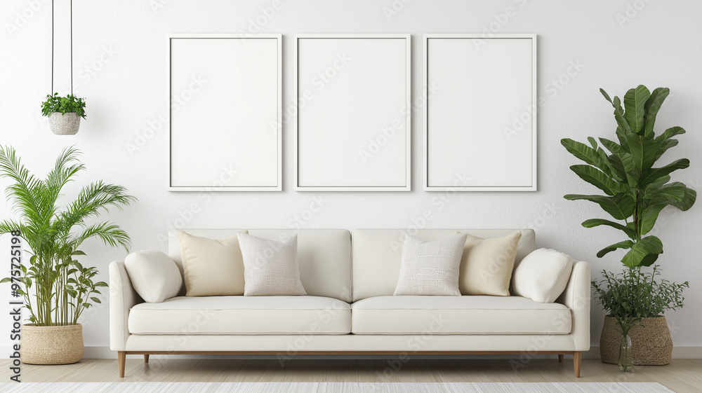A modern living room featuring cozy sofa, empty frames, and lush plants A modern living room featuring cozy sofa, empty frames, and lush plants