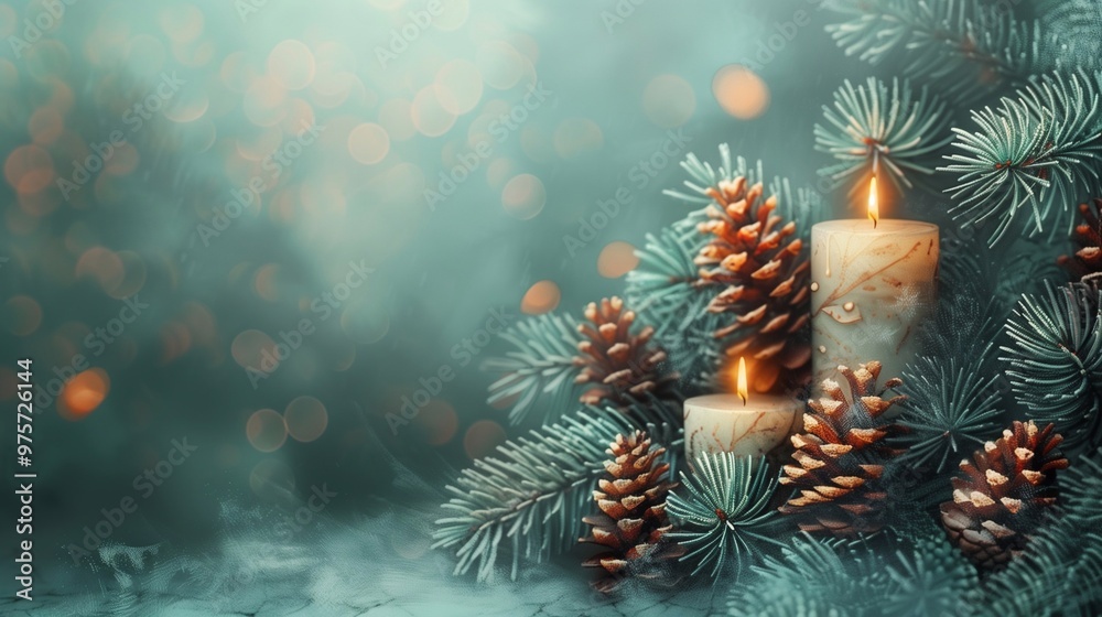 Christmas card background with candles and spruce branches , copy space and blur effect Christmas card background with candles and spruce branches , copy space and blur effect