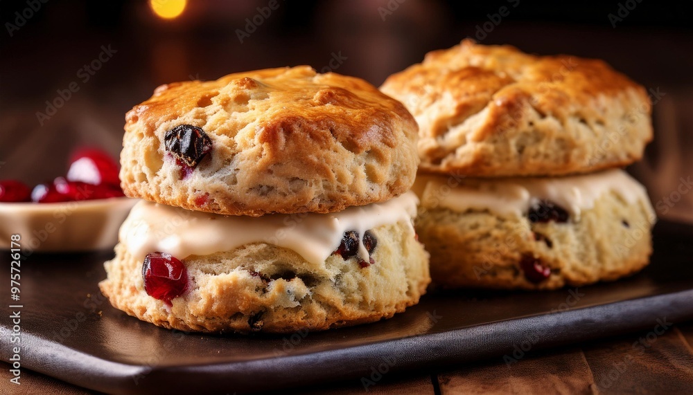 Gourmet scones with depth of field showcasing crumbly texture and rich flavors Gourmet scones with depth of field showcasing crumbly texture and rich flavors