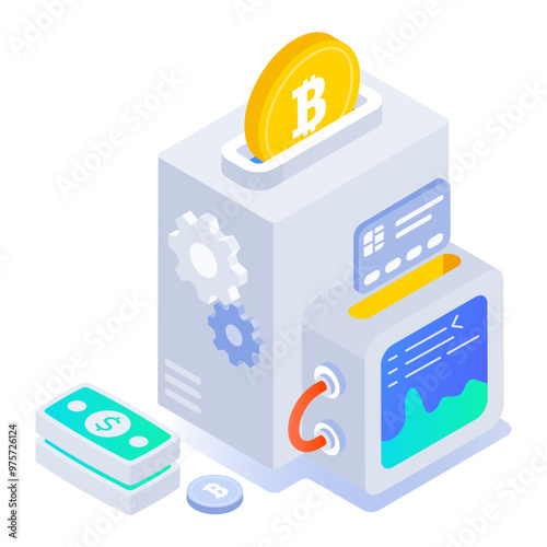 Bitcoin technology icon designed in isometric style 