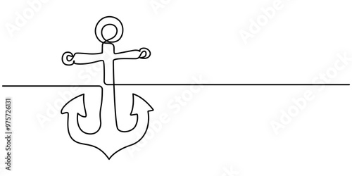 Continuous line drawing of sea anchor, Large sea anchor of the ship. Set of sea ocean elements. Continuous one line drawing of anchor banner. Linear style, Continuous one line drawing of anchor banner