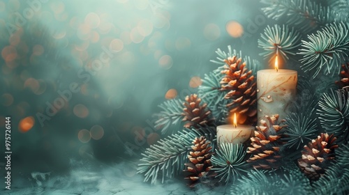 Wallpaper Mural Christmas card background with candles and spruce branches , copy space and blur effect Torontodigital.ca