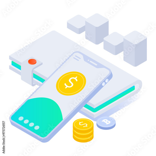 An isometric icon of digital wallet payment 

