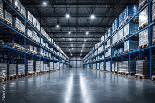 Spacious warehouse featuring blue and white racking systems organized with pallets of goods