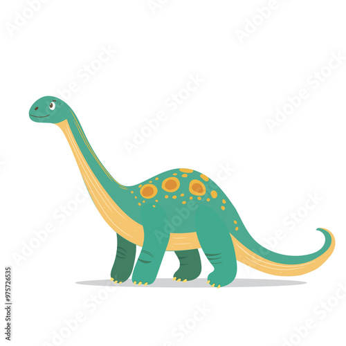 Fototapeta Naklejka Na Ścianę i Meble -  Cartoon illustration of a cute green dinosaur with a long neck, suitable for kids' content.