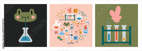 Education and study concept set with cute characters and composition. Chemistry lesson at school. Laboratory Test tubes, equipment for classes. Trendy modern vector illustration, hand drawn, flat