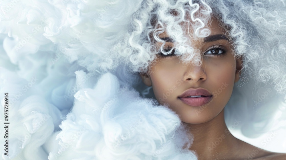A woman with long, curly hair is standing in front of a white cloud A woman with long, curly hair is standing in front of a white cloud