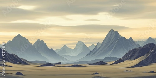 A computer generated image of a mountain range with a cloudy sky. The mountains are tall and spread out across the horizon. The sky is overcast, giving the scene a moody and dramatic feel photo