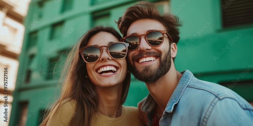 A man and woman are smiling and wearing sunglasses A man and woman are smiling and wearing sunglasses