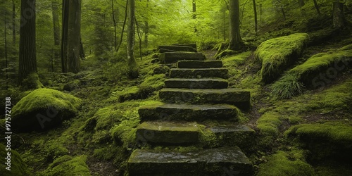 A forest with a stone staircase leading up to a higher level. The moss on the stones gives the scene a peaceful and serene atmosphere