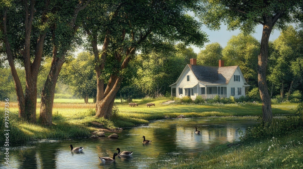 Obraz premium Peaceful Countryside Scene with a White Farmhouse and Ducks