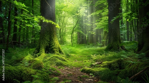 Sunlight Dappled Path Through a Lush Forest