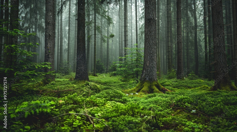 Fototapeta premium Misty Forest with Lush Green Undergrowth