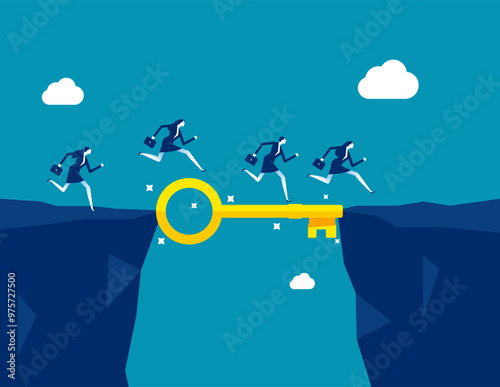 Key success, solution to solve problem and overcome obstacle, link or connect bridge to help achieve success, resolution method or resolve concept, business people walk on key success cross the gap.
