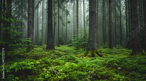 Misty Forest with Lush Green Undergrowth