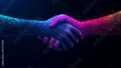 In a future, abstract setting, two luminous, computerized hands shake, signifying cooperation and teamwork.