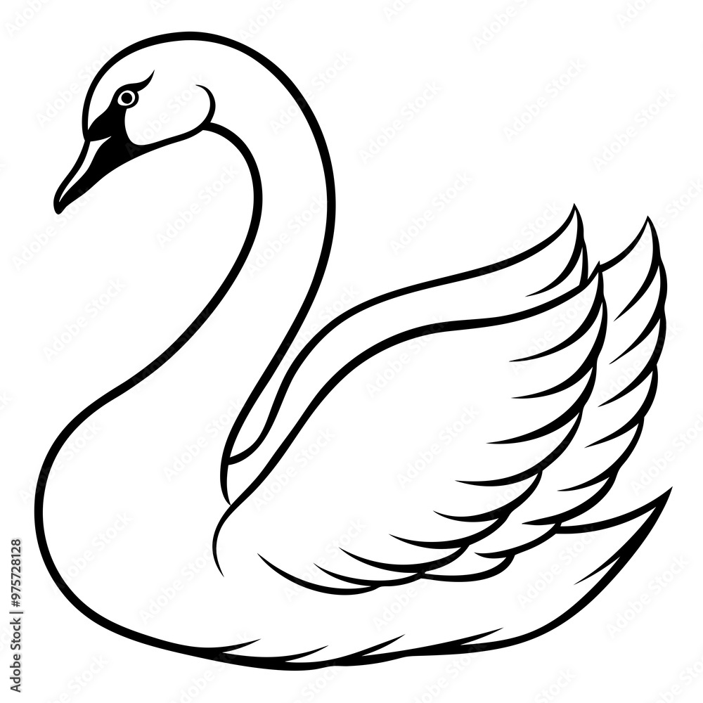 Graceful swan with long, flowing neck and wings in a serene lake setting vector Graceful swan with long, flowing neck and wings in a serene lake setting vector