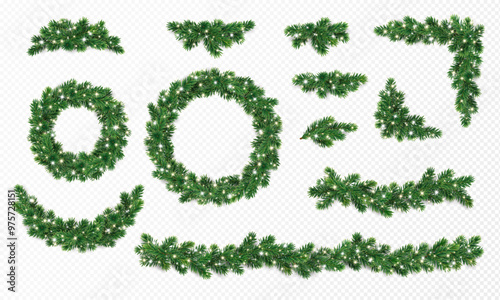 Christmas tree decoration. Holiday fir tree garland, festive corner, Christmas wreath. Winter season frame, branch with Christmas lights and glow. Transparent background can be removed in vector file.