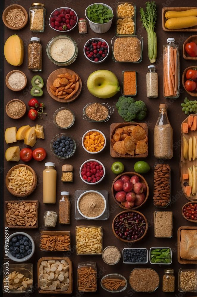 Selection of healthy food, top down view Selection of healthy food, top down view