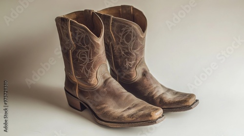 A pair of brown leather cowboy boots with a worn and distressed finish.