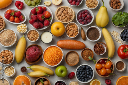 Selection of healthy food, top down view