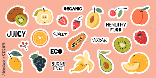 Cute stickerpack with natural tropical fruit. Healthy eating, fresh food. Set of stickers with white outline for planner and diaries, trendy vector flat illustration