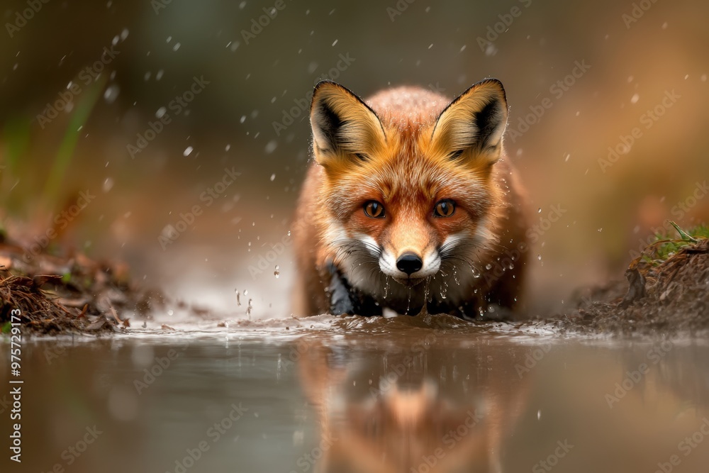 Obraz premium Red Fox Drinking Water in Rain