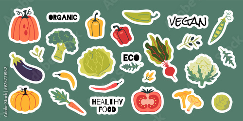 Cute stickerpack with Vegetables. Healthy eating, fresh food. Collection of farm products. Set of stickers with white outline for planner and diaries, trendy vector flat illustration