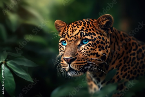 Leopard Portrait with Blue Eyes in Lush Green Forest