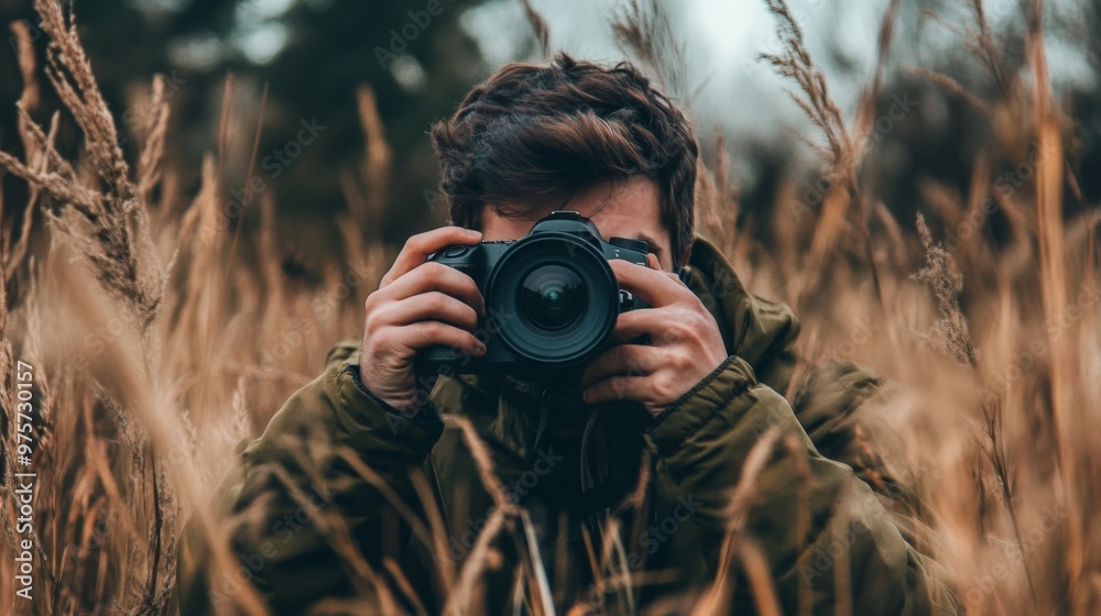 A photographer crouches in tall grass, holding a camera to his eye.