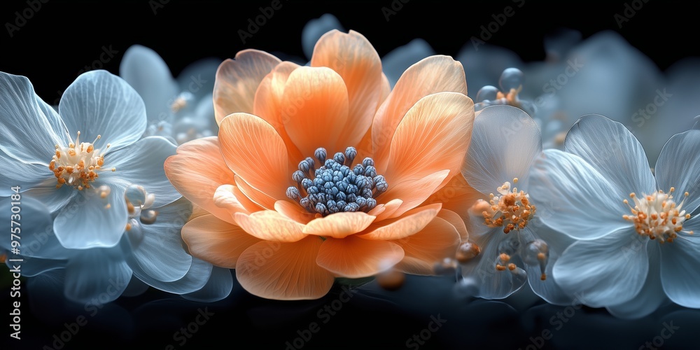 Delicate orange flower surrounded by soft white blossoms on a dark background. Delicate orange flower surrounded by soft white blossoms on a dark background.